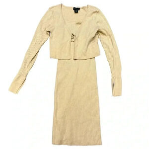 House of Harlow 1960 Tan Ribbed Bodycon Midi Dress + Matching cardigan sz med